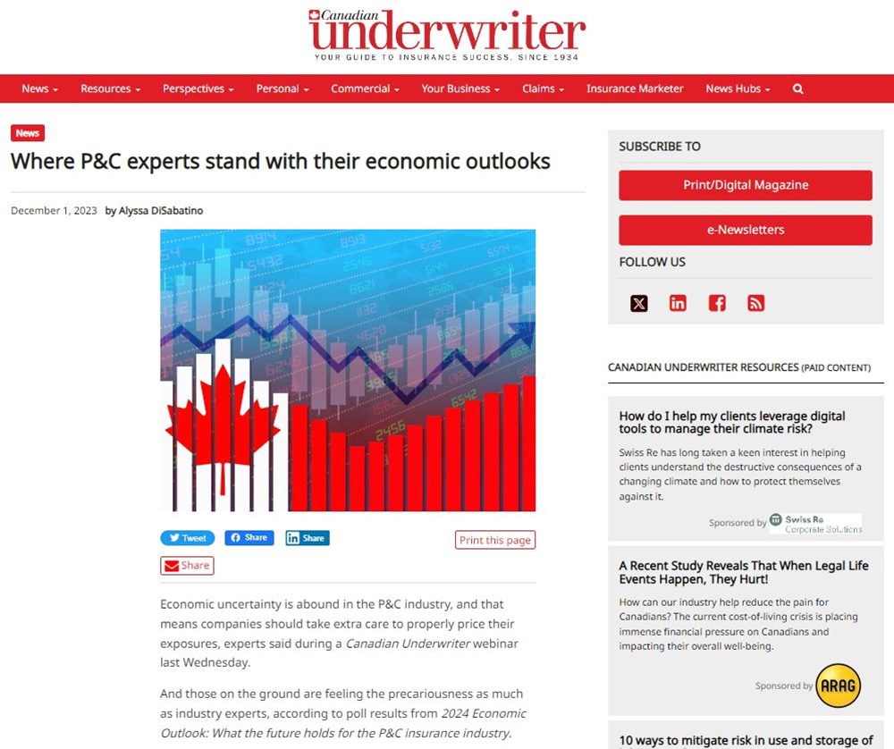 A screenshot of the article "Where P&C experts stand with their economic outlooks"